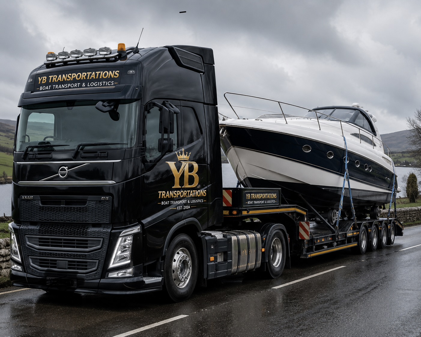 YB TRANSPORTATIONS branded boat transport truck